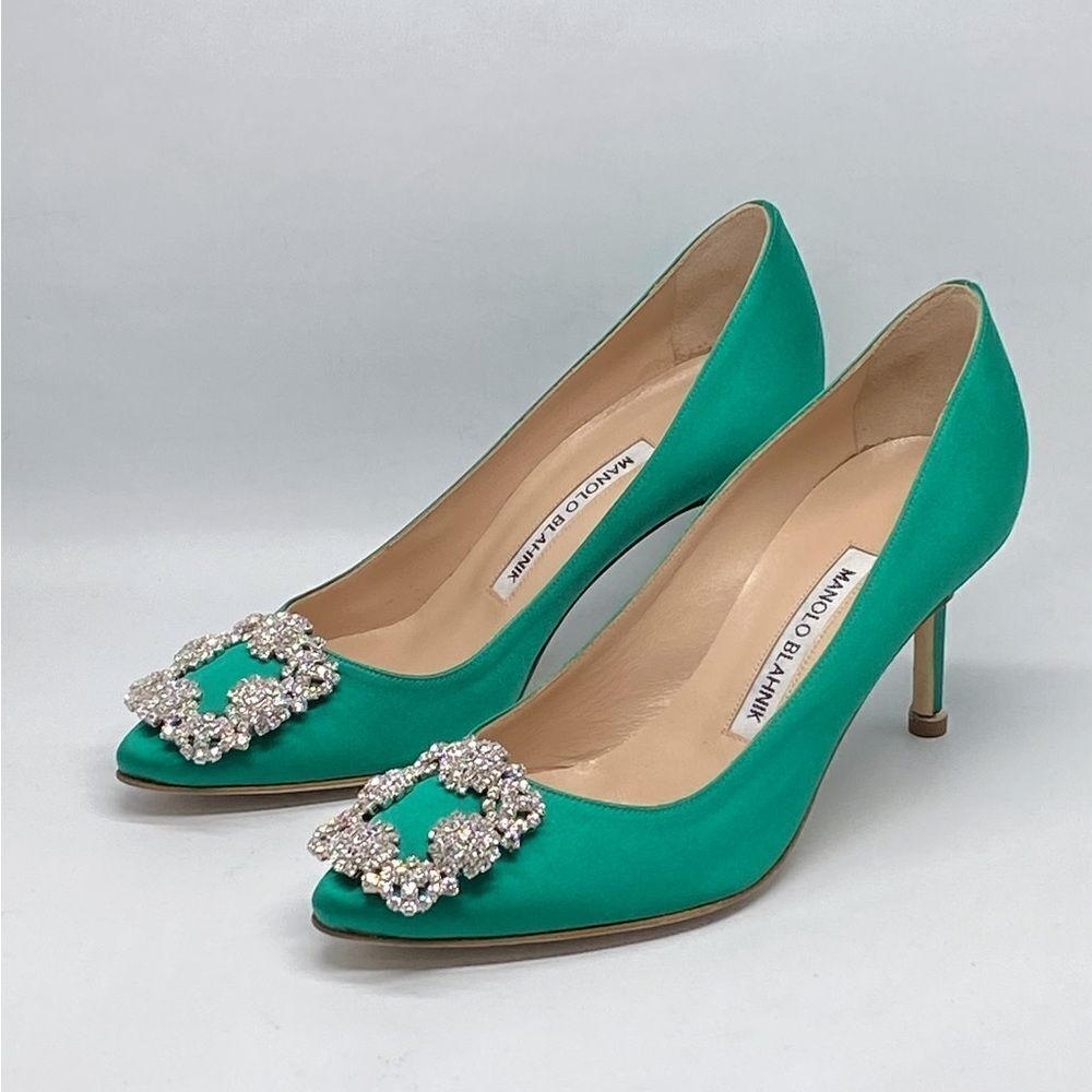 Manolo Blahnik Hangisi 70MM Embellished Satin Pumps size 36.5